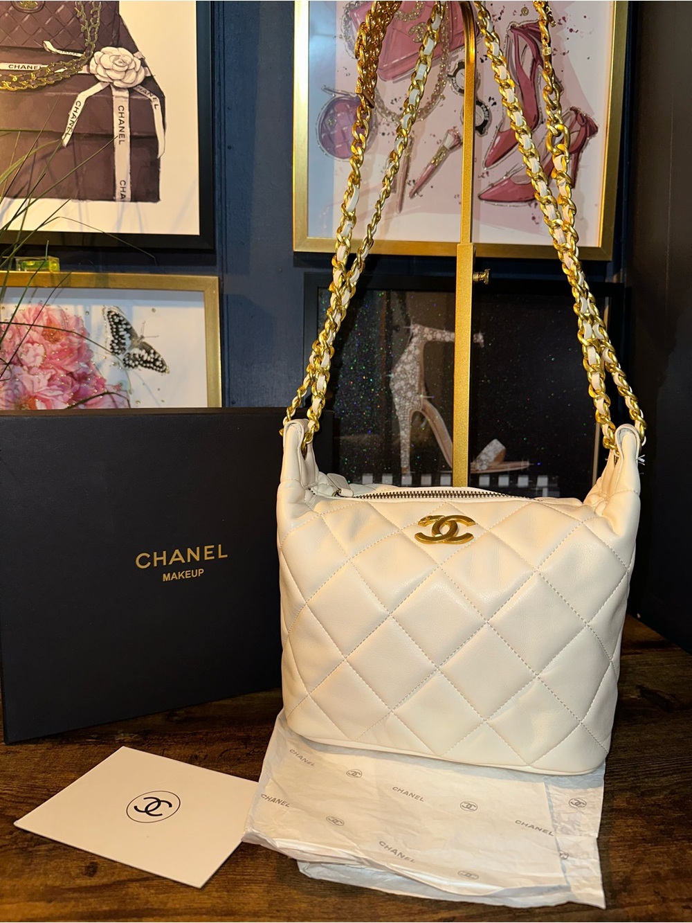 GWP Makeup CC Cream Quilted Shoulder Bag with Gold Chain